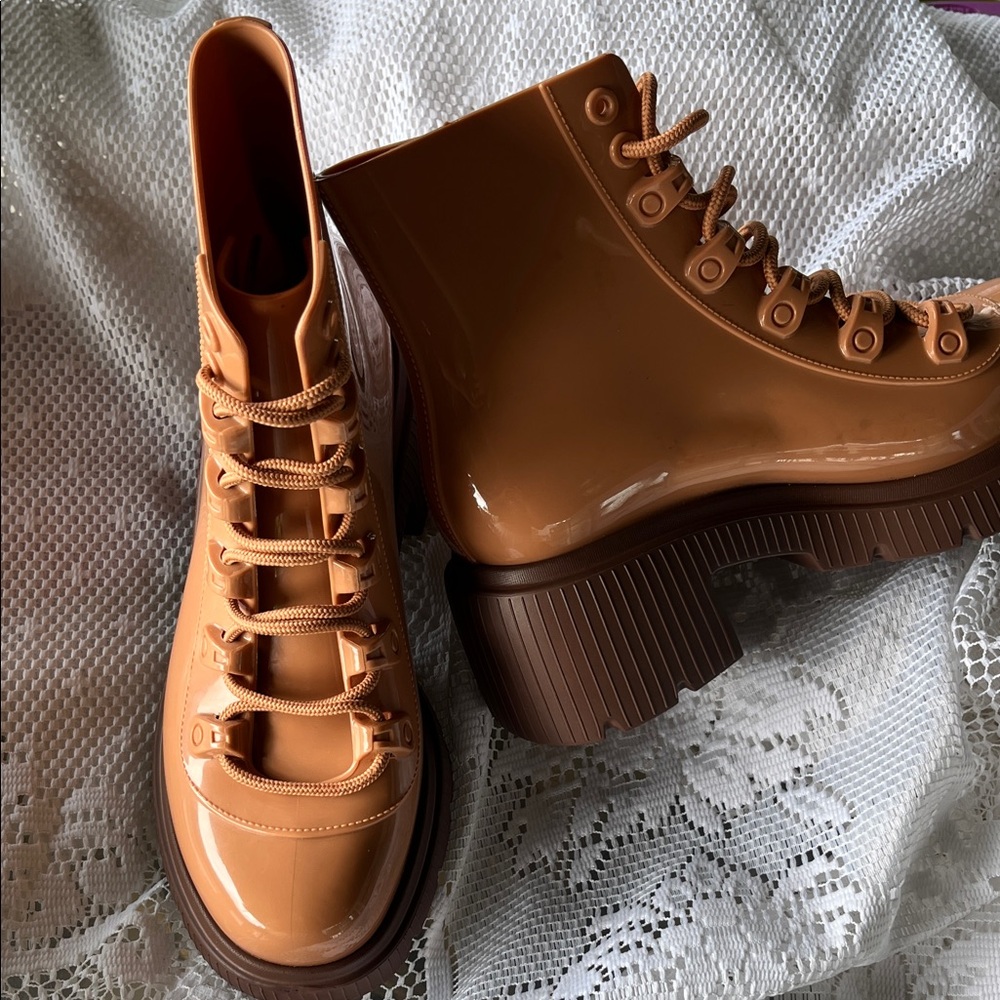 Melissa Glossy Tan Combat Boots